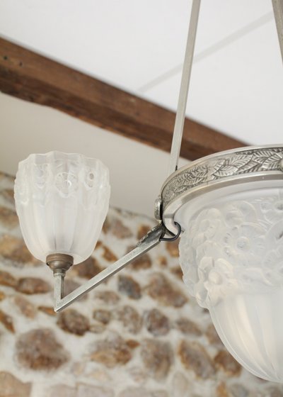 Lampadario Art Déco a 3 luci in vetro e metallo, circa 1930
