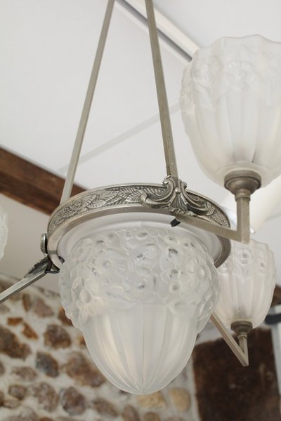 Lampadario Art Déco a 3 luci in vetro e metallo, circa 1930