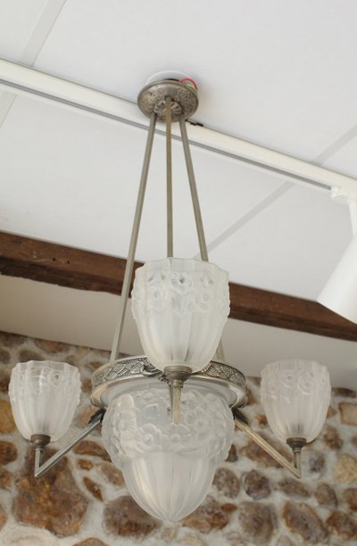 Lampadario Art Déco a 3 luci in vetro e metallo, circa 1930