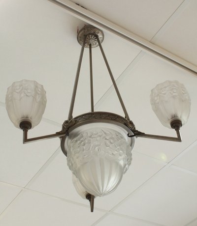 Lampadario Art Déco a 3 luci in vetro e metallo, circa 1930