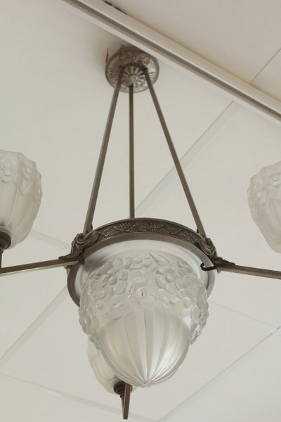 Lampadario Art Déco a 3 luci in vetro e metallo, circa 1930