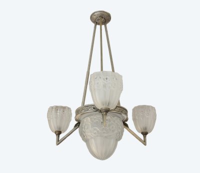 Lampadario Art Déco a 3 luci in vetro e metallo, circa 1930