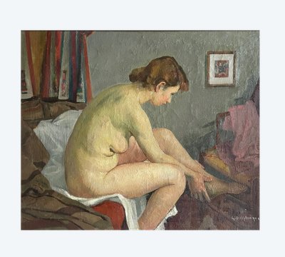 Öl auf Leinwand, Frau bei ihrer Toilette, signiert Georges Emile Delplanque (1903-1999), datiert 1934