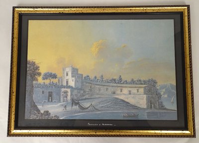 Série 8 gouaches napolitaines paysages éruption Vésuve Fusaro Naples XIXème