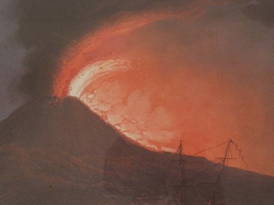 Série 8 gouaches napolitaines paysages éruption Vésuve Fusaro Naples XIXème