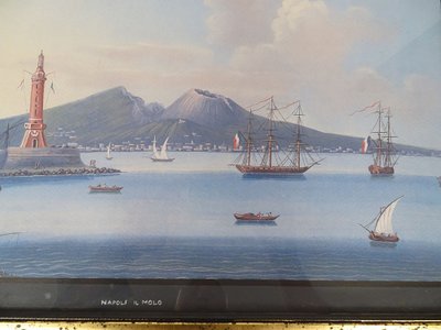 Série 8 gouaches napolitaines paysages éruption Vésuve Fusaro Naples XIXème