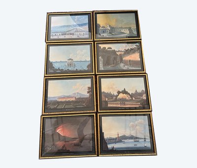 Série 8 gouaches napolitaines paysages éruption Vésuve Fusaro Naples XIXème