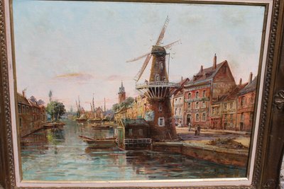 Gustave Mascart oil on canvas landscape of a fishing port in Holland 19th century