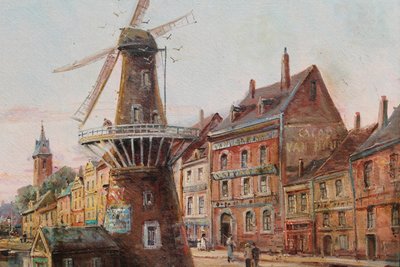 Gustave Mascart oil on canvas landscape of a fishing port in Holland 19th century