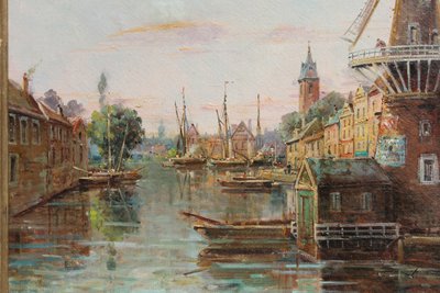Gustave Mascart oil on canvas landscape of a fishing port in Holland 19th century