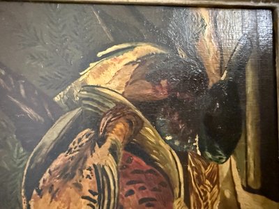 Huile sur panneau ancienne représentant nature morte et gibier 1940, 42x51cm
