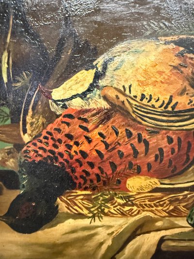 Huile sur panneau ancienne représentant nature morte et gibier 1940, 42x51cm