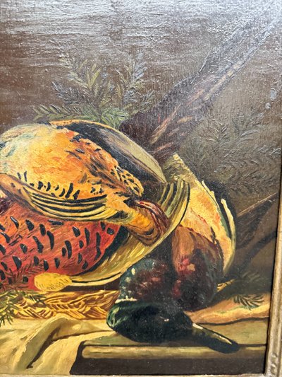 Huile sur panneau ancienne représentant nature morte et gibier 1940, 42x51cm