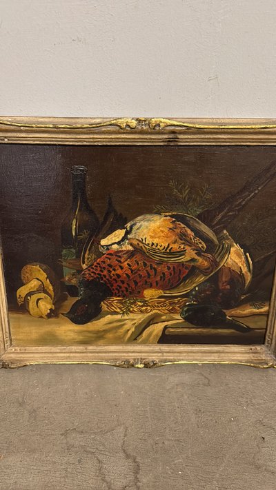 Huile sur panneau ancienne représentant nature morte et gibier 1940, 42x51cm