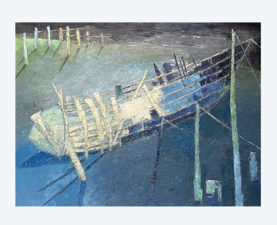 Mara Rucki, née en 1920, Tableau "La Barque Bleue", Années 1970.