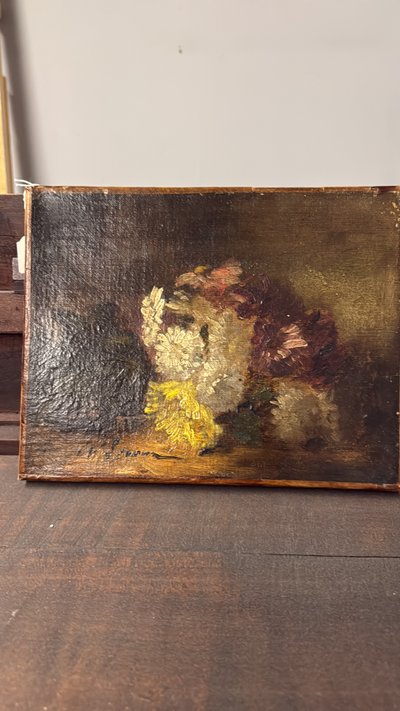 Antikes kleines Ölgemälde auf Leinwand Stillleben XIX, 29x39cm