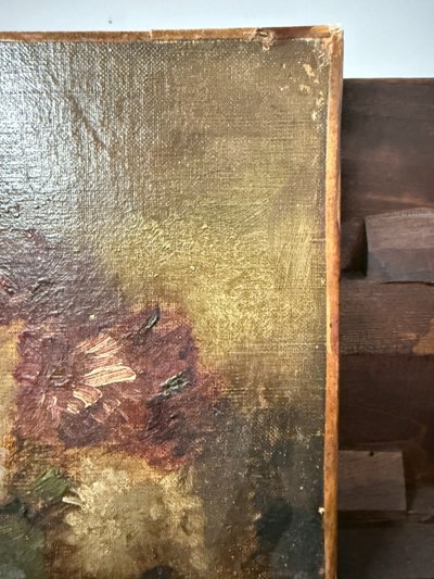Antikes kleines Ölgemälde auf Leinwand Stillleben XIX, 29x39cm
