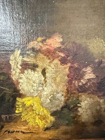 Antikes kleines Ölgemälde auf Leinwand Stillleben XIX, 29x39cm