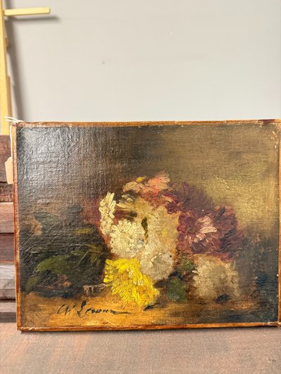Antikes kleines Ölgemälde auf Leinwand Stillleben XIX, 29x39cm