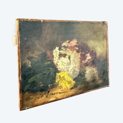 Antikes kleines Ölgemälde auf Leinwand Stillleben XIX, 29x39cm