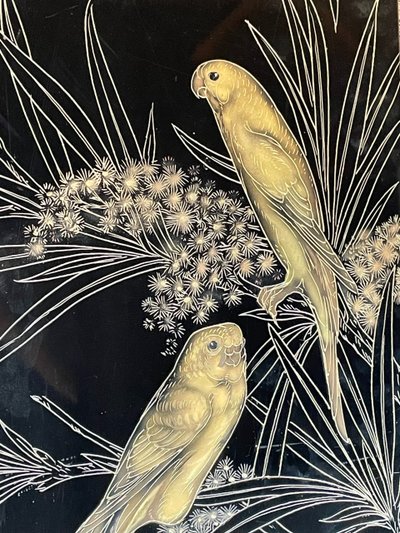 "Pair of parakeets in the mimosas", Gaston Suisse (1896-1988), France