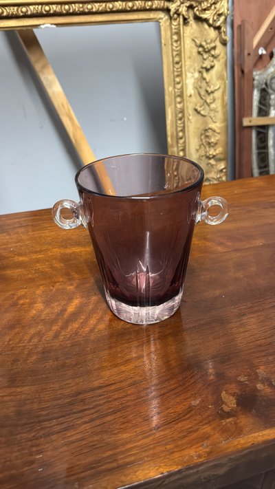 Pair of crystal vases, one ice-coloured, the other amaranth, 1970s ice bucket, 14x18cm