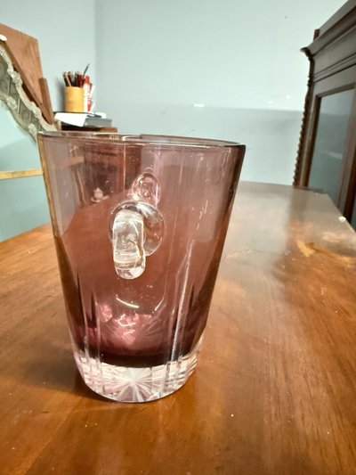Pair of crystal vases, one ice-coloured, the other amaranth, 1970s ice bucket, 14x18cm