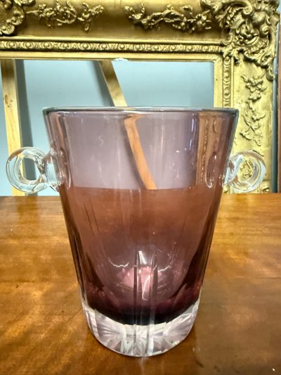 Pair of crystal vases, one ice-coloured, the other amaranth, 1970s ice bucket, 14x18cm