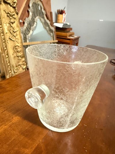 Pair of crystal vases, one ice-coloured, the other amaranth, 1970s ice bucket, 14x18cm