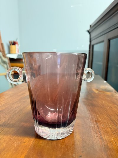 Pair of crystal vases, one ice-coloured, the other amaranth, 1970s ice bucket, 14x18cm