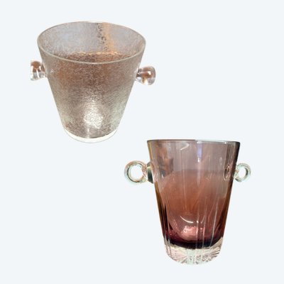 Pair of crystal vases, one ice-coloured, the other amaranth, 1970s ice bucket, 14x18cm