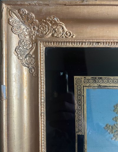 Tableau "Tribut de reconnaissance" broderie et peinture XIX° siècle