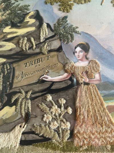 Tableau "Tribut de reconnaissance" broderie et peinture XIX° siècle
