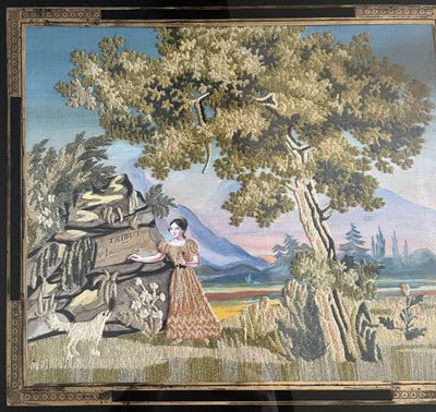 Tableau "Tribut de reconnaissance" broderie et peinture XIX° siècle