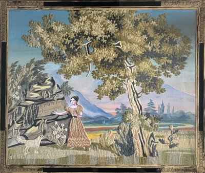 Tableau "Tribut de reconnaissance" broderie et peinture XIX° siècle
