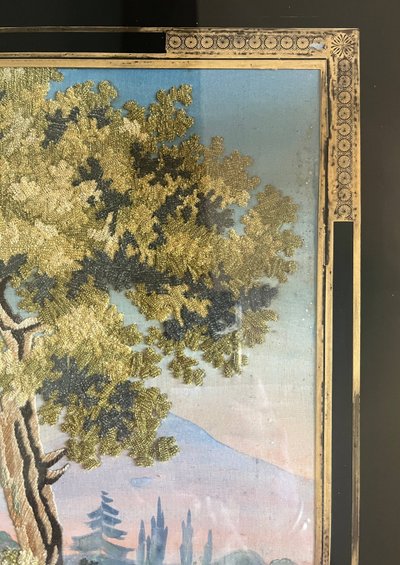 Tableau "Tribut de reconnaissance" broderie et peinture XIX° siècle