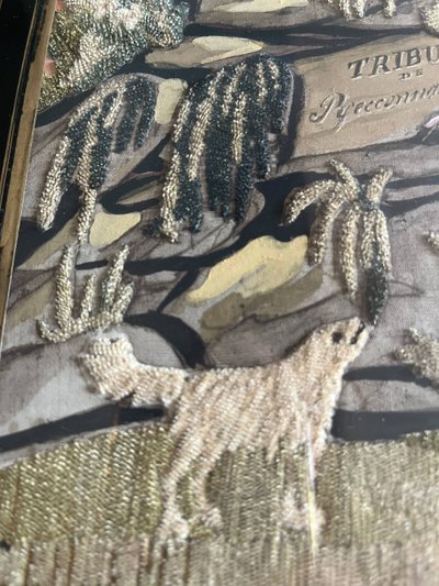 Tableau "Tribut de reconnaissance" broderie et peinture XIX° siècle