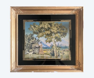 Tableau "Tribut de reconnaissance" broderie et peinture XIX° siècle
