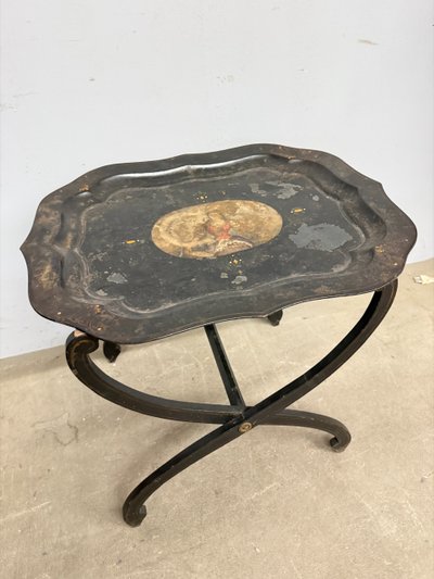 Base de table de pique-nique des années 1850 avec plateau peint, base en bois, 52x56x64cm