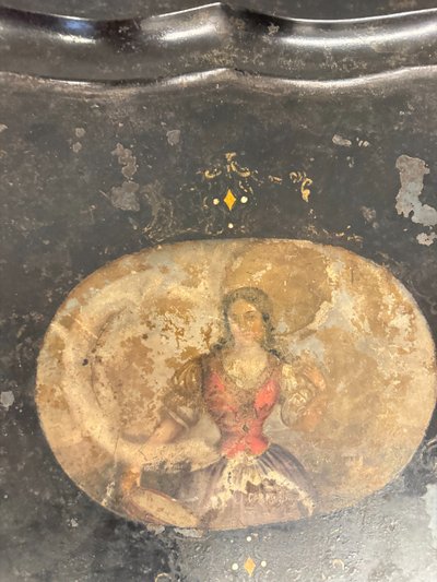 Base de table de pique-nique des années 1850 avec plateau peint, base en bois, 52x56x64cm