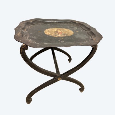 Base de table de pique-nique des années 1850 avec plateau peint, base en bois, 52x56x64cm