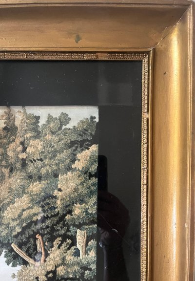 Tableau "Le Bon Pasteur" broderie et peinture XIX° siècle