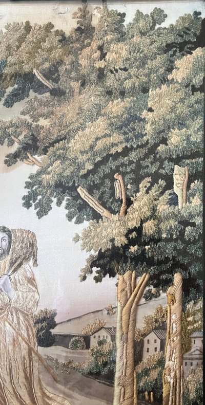 Tableau "Le Bon Pasteur" broderie et peinture XIX° siècle