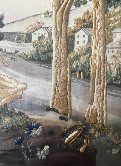 Tableau "Le Bon Pasteur" broderie et peinture XIX° siècle