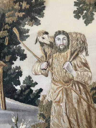 Tableau "Le Bon Pasteur" broderie et peinture XIX° siècle