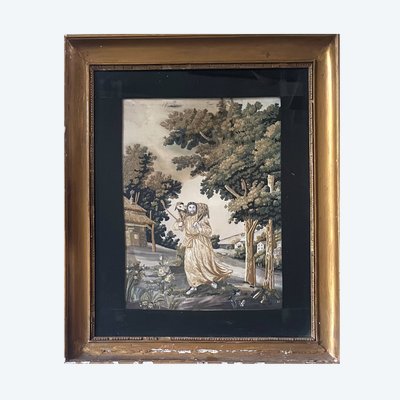 Tableau "Le Bon Pasteur" broderie et peinture XIX° siècle
