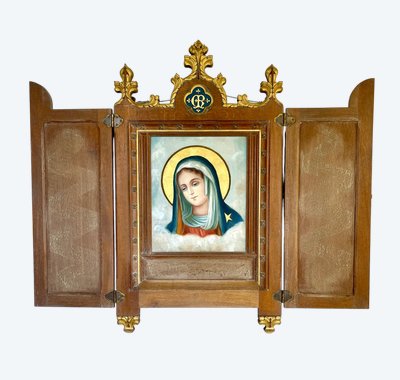Grand triptyque de dévotion en bois massif – Abbaye de Bonnefontaine – XIXᵉ siècle