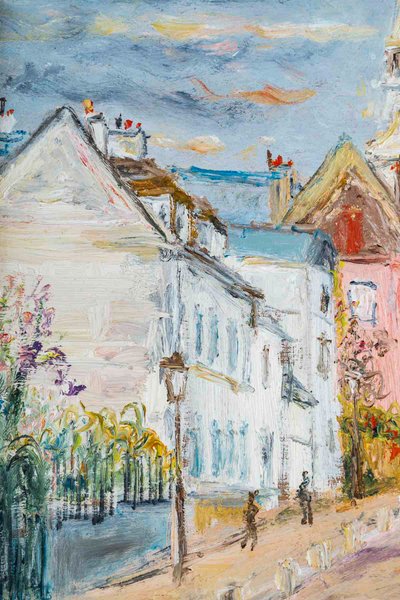 Serge Belloni (1925-2005) - Montmartre Rue de l’abreuvoir au printemps huile sur bois vers 1980