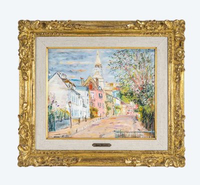 Serge Belloni (1925-2005) - Montmartre Rue de l’abreuvoir au printemps huile sur bois vers 1980