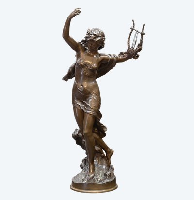 Sculpture - Elegant Woman With A Lyre , Mathurin Moreau (1822-1912) - Bronze